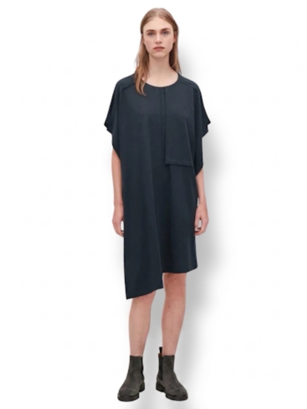 COS Dress With Topstitches Cotton Blend Asymmetrical Shape Navy EUR S (US 6)